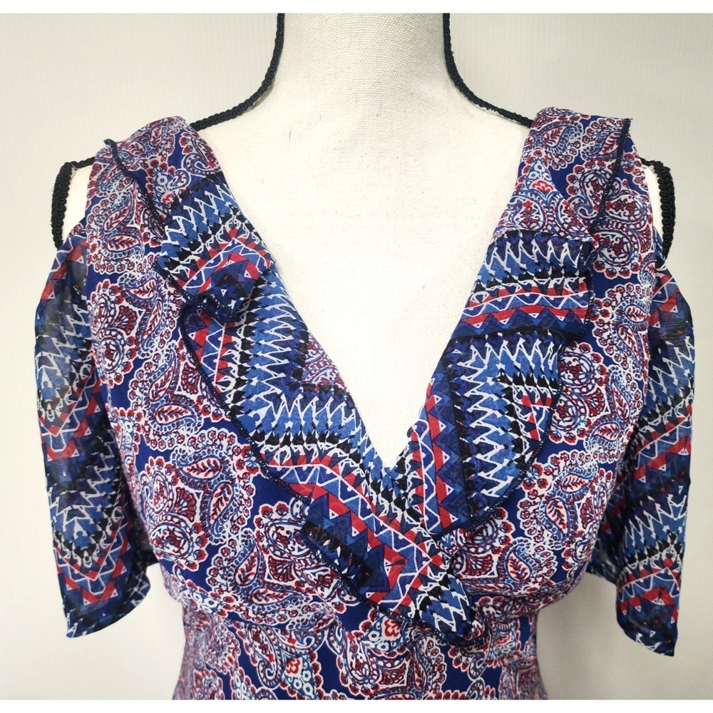 Rabbit Rabbit Rabbit Womens Dress Navy Red Paisley Boho Cold Shoulder 10 - Picture 3 of 7